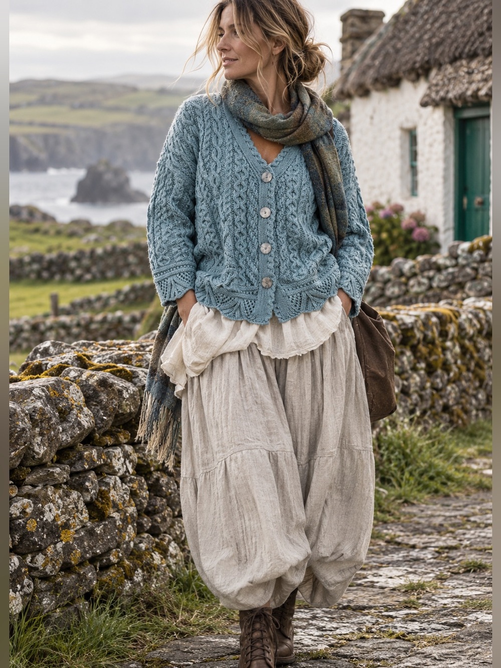 Aran Crafts Ireland Vintage Blue Merino Wool Cable Knit Cardigan Small Cottageco